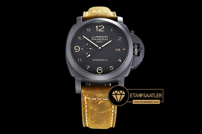 Panerai Luminor Ceramica GMT PAM441 Seramik Kasa Siyah Kadran Deri